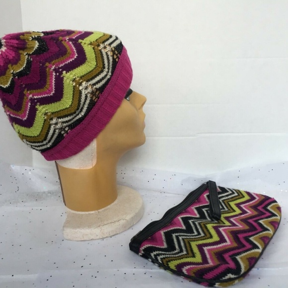 Missoni x Target Signature Chevron Knit Pink Black Green Beanie + Wristlet Set.